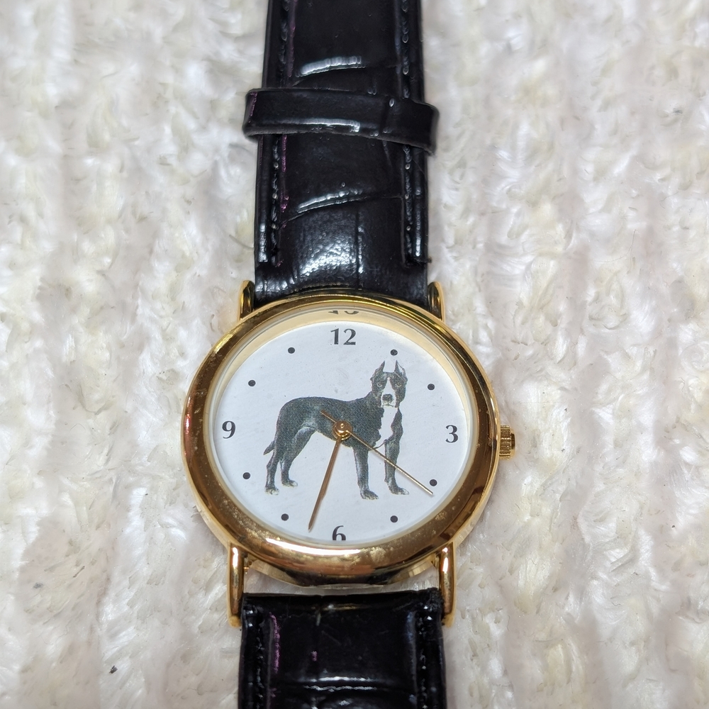 Gold-Tone Dog Motif Watch with Black Strap